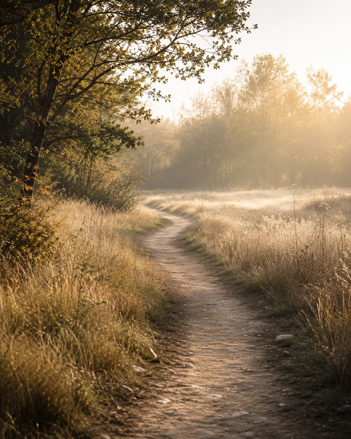 A quiet woodland trail curving toward warm morning light