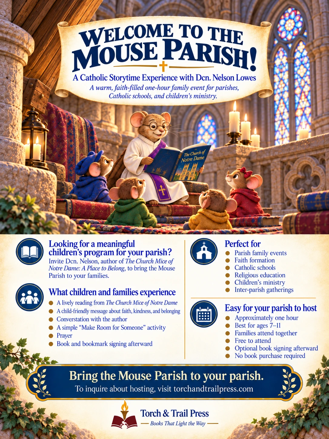Welcome to the Mouse Parish: Catholic family storytime with Dcn. Nelson Lowes. Includes a reading, conversation, a kindness activity, prayer, and signing afterward. Approximately one hour; ages 7–11; free to attend; no book purchase required.